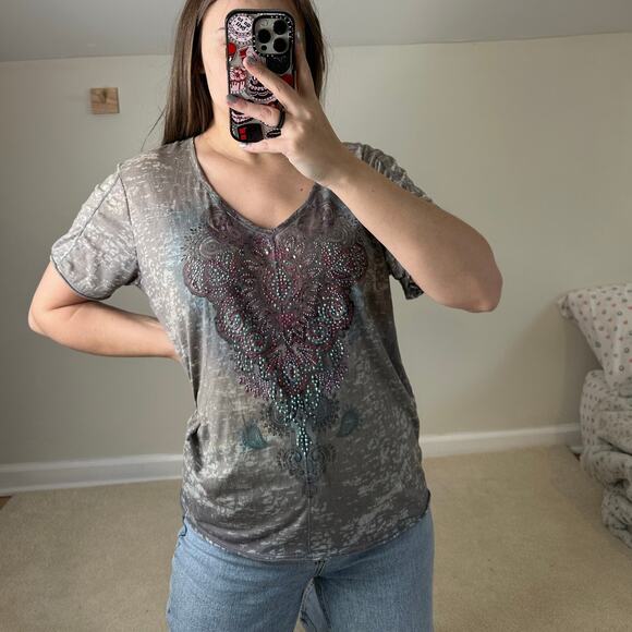 One World: Y2K Gray Rhinestone Paisley Tee - Picture 1 of 6